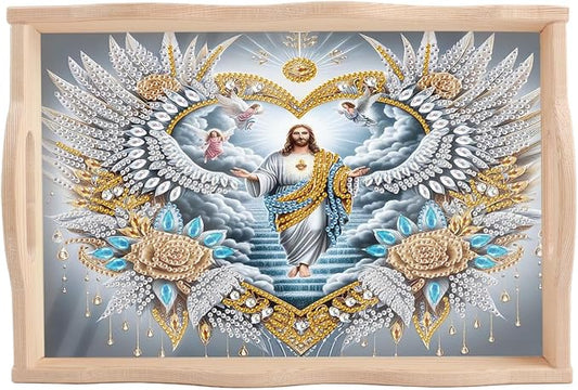 DIY Diamond Serving Tray Rectangular Breakfast Tray with Handle Handmade Diamond Art Painting Wooden Tray for Dinner Plate Coffee Room Living Home Organizer-Man