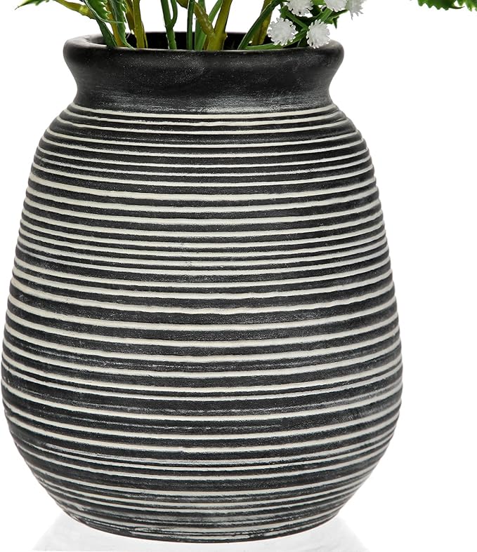 Briful Artificial Floral Arrangement Centerpiece with Eucalyptus & Mixed Greenery – 14.5” Pre-Arranged Faux Flowers in Textured Black & White Ceramic Vase for Table, Shelf & Entryway Décor