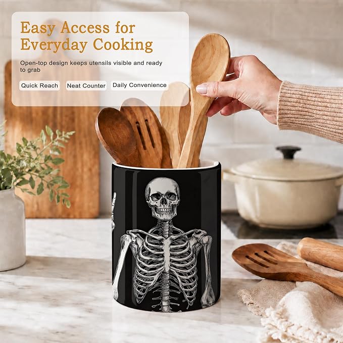Utensil Holder for Countertop,Funny Skull Ceramic Utensil Crock Organizer for Home Kitchen Spoons,Spatulas and Cooking Tools