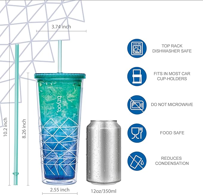 bzyoo SIP 24oz (710ml) Double Wall Plastic Tumbler with Lid and Straw Cold Drink Travel Mug Party Reusable Cup For Office Outdoor Dining Gift For Him & Her (Blue & Green)