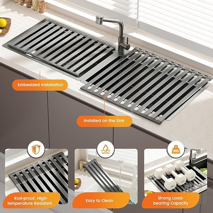 Foldable Over Sink Dish Drying Rack, Extra Wide & Thick Rust-Proof Aluminum Sink Cover for Counter Space, Collapsible Dish Drying Rack Fits Most Kitchen Sinks (Gray, 17.7“x13.6)