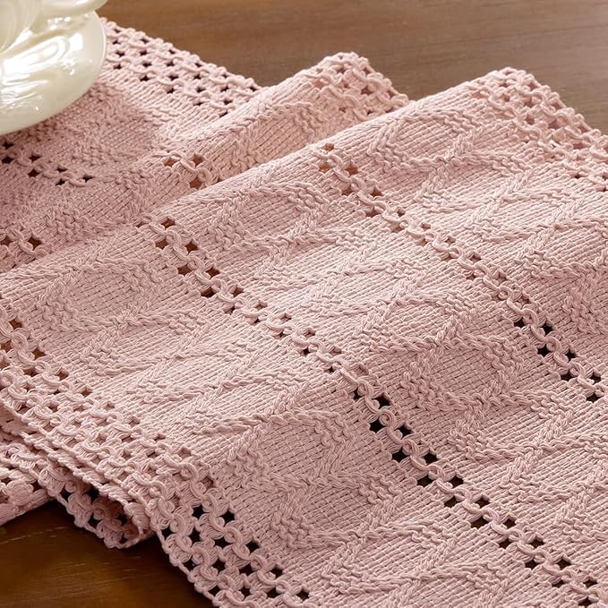 Boho Woven Cotton Linen Table Runner 11"x48" with Tassels Pink Rustic Macrame Farmhouse Table Runner Summer Decor for Summer Dining Room Wedding Kitchen Party