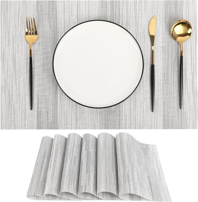 Gray Woven Placemats Set of 6 – Heat Resistant, Waterproof & Easy to Clean – Durable Synthetic Dining Table Mats for Kitchen, Restaurant & Outdoor Use