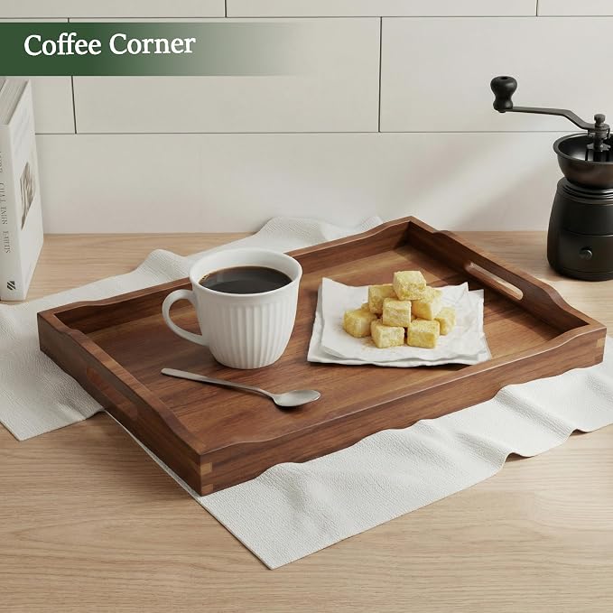 Acacia Wood Serving Tray with Handles, Rectangular Wooden Ottoman Tray for Coffee Table, Breakfast in Bed, Drinks, Kitchen Countertop and Home Decor