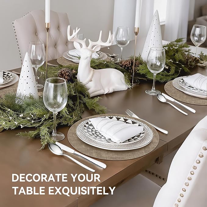 13" Round Placemats Set of 6, Reversible Faux Leather Heat Resistant Table Mats, Waterproof Oilproof Wipeable Table Protective Placemats for Vinyl, Washable for Indoor & Outdoor Use (6, Light Coffee)