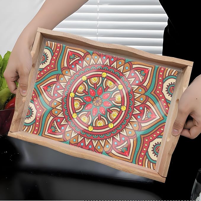 Generic DIY Diamond Serving Tray Rectangular Upgrade Increase Wooden Breakfast Tray with Handles Handmade Diamond Art Painting Dinner Plate for Coffee Living Room Home Organizer-Mandala06