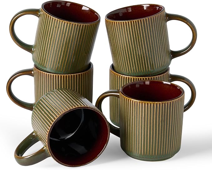famiware Coffee Mug Set for 6, Star 12 oz Catering Mugs Cup Set with Handle for Coffee, Tea, Cocoa, Milk - Ceramic Stoneware Drinkware Set, Moss Cocoa