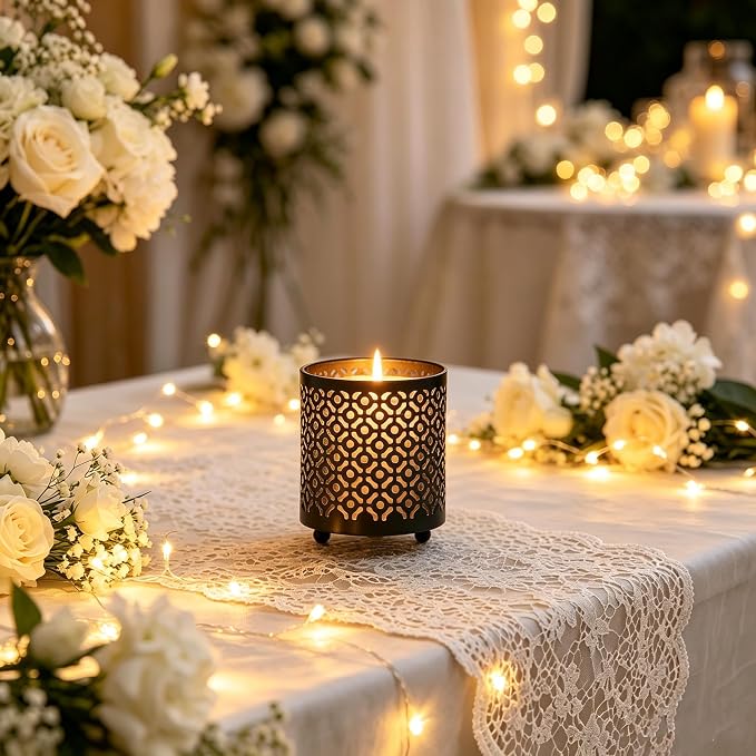 Hosley Set of 2 Black (Gold Inside) Metal Jar Holder Candle Sleeve 4.5" High. Votive, Tea Light Lanterns Ideal Gift for Weddings, Parties, Spa and Aromatherapy O6