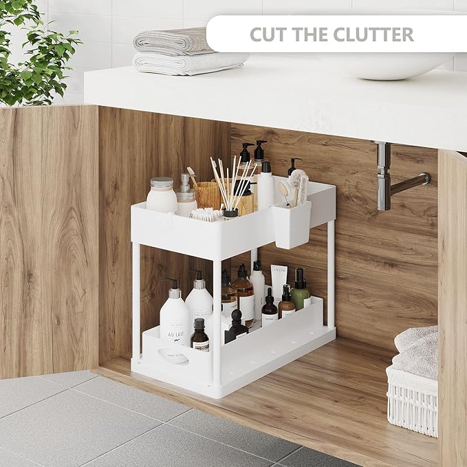 Under Sink Organizers and Storage | Bathroom Cabinet Organizer, Sink Shelf with Utility Hooks and Side Caddy for Under Cabinet Storage | White (1-Pack) Under Kitchen Sink Organizer with Sliding Drawer
