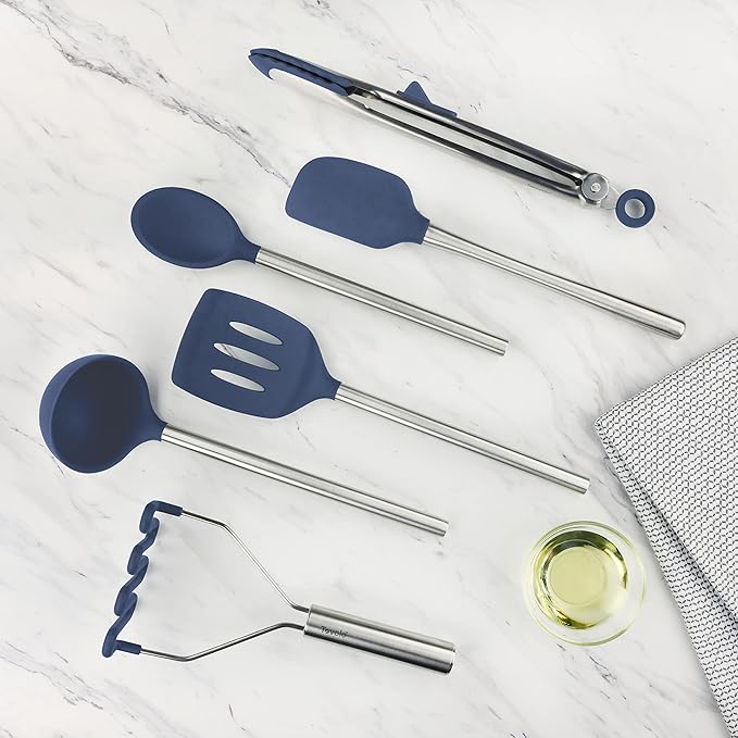 Tovolo Silicone Cooking Utensil Set of 6 Stainless Steel Handle Ladle Slotted Turner Tongs Flex Core Spatula Scraper Mixing Spoon & Potato Masher, Dishwasher Safe BPA Free Utensils, Deep Indigo