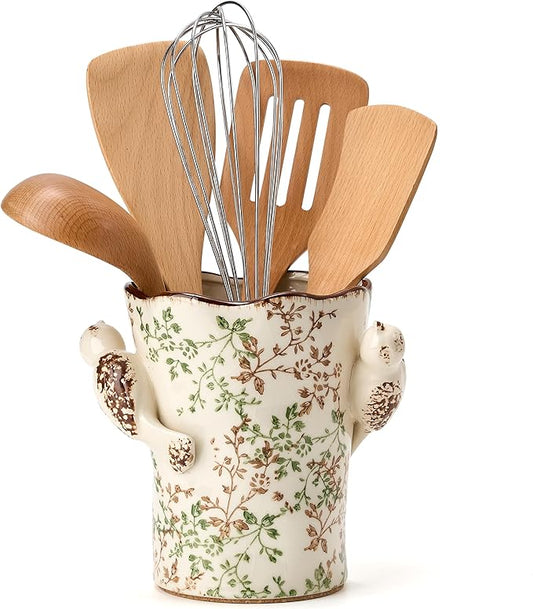 6.34'H Utensil Holder for Kitchen Counter, Modern Farmhouse Cooking Utensil Holder and Crock Home Kitchen Decor, Ceramic Utensil Organizer for Spatula, Ladle, Eggbeater, Rolling Pin- Green and Beige