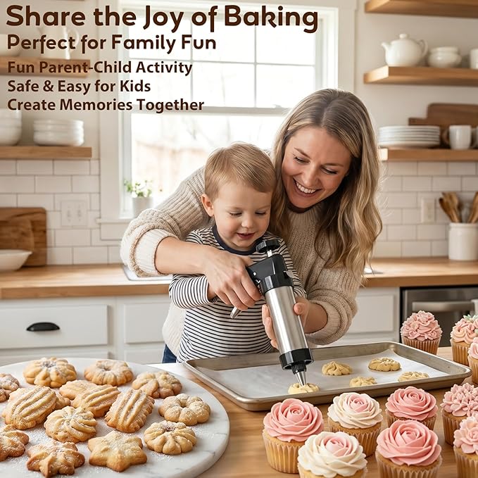 Cookie Press Gun Kit, Stainless Steel – 13 Discs + 8 Nozzles, Perfect for DIY Cookies & Decorating, Baking Gift for Women