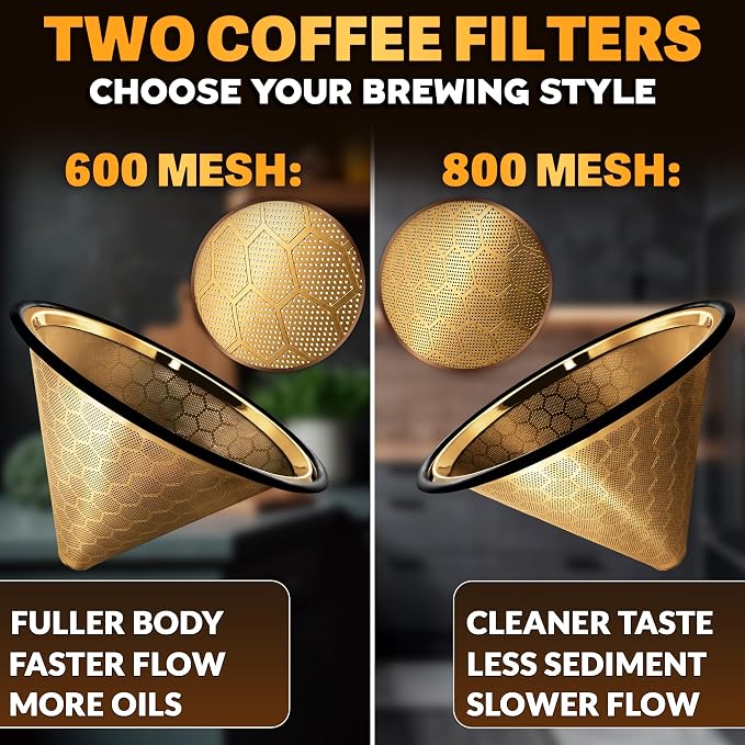 Pour Over Coffee Filter Reusable Stainless Steel - 800 Mesh Gold Cone with Black Ring for Clean, Sediment-Free Brew, Compatible with Hario V60 & Chemex, Paperless Coffee Dripper with Cleaning Brush