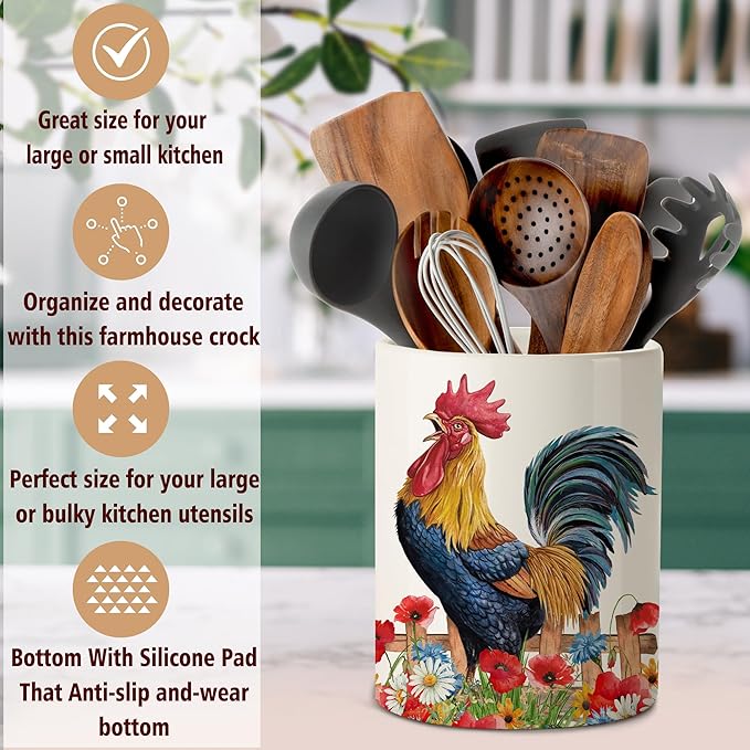 pinata Rooster Kitchen Decor Ceramic Utensil Holder, Cute Rooster Utensils Holder for Farmhouse Indoor Kitchen Decorations Rustic Farmhouse Decor (6.3 inch)