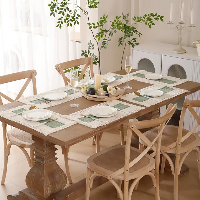 Green Placemats Set of 6 Macrame Table Decor with Fringe Boho Farmhouse Woven Table Placemats in Natural Burlap for Kitchen and Dining Table Centerpiece Home Decorations