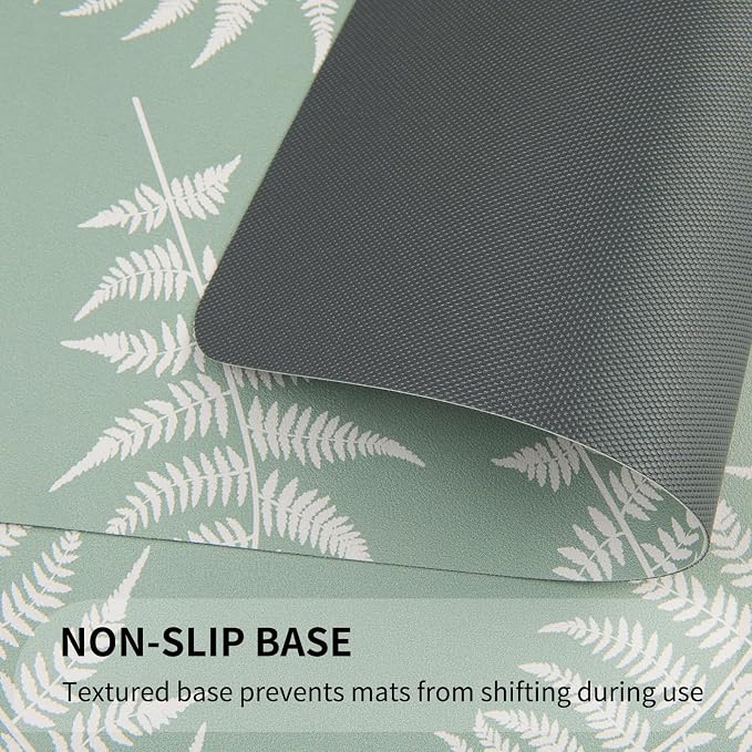 QIYI Placemats Set of 6, 12x18 Inch Faux Leather Place Mats for Kitchen Dinning, Heat Resistant Anti Slip Green White Table Mats, Waterproof Wipeable Washable Placemat Party Table Décor, Fern Leaves
