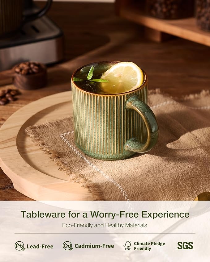 famiware Coffee Mug Set for 6, Star 12 oz Catering Mugs Cup Set with Handle for Coffee, Tea, Cocoa, Milk - Ceramic Stoneware Drinkware Set, Moss