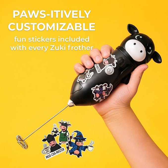 Zulay Kitchen Cow Milk Frother Wand – Cutesy Frother, Meet Your New Frothing Buddy Betsy The Cow, Adoption Papers and Stickers Included, Purrr-fect for Lattes, Cappuccino & Matcha – Black
