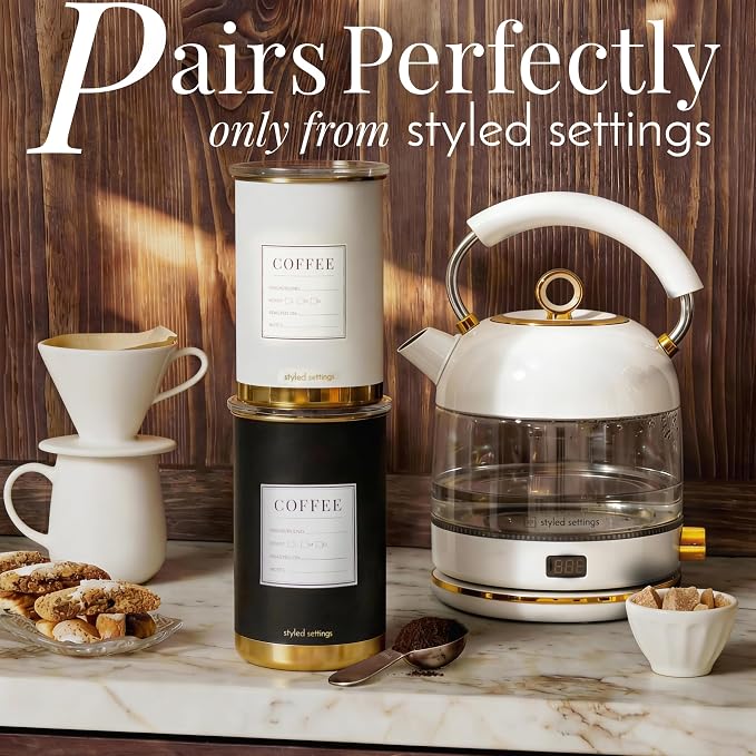 STYLED SETTINGS Vacuum Coffee Canister with Airtight Lid - Dual-Lid Airtight Coffee Canister with Scoop and Label for Beans and Grounds, Food Storage Container -White and Gold Kitchen Accessories
