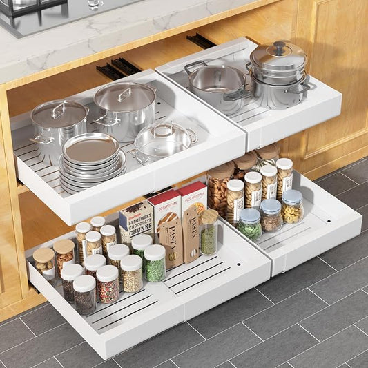 Pull Out Cabinet Organizer, Width Expandable (11.7"-19.7") Heavy Duty Slide Out Drawers Fixed with Adhesive Nano Film for Pots, Roll Out Shelf Storage For Kitchen,Pantry,Garage,Bathroom Storage