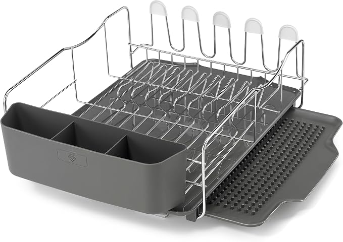 Polder KTH-615 Dish Rack, 4 PC Combo– Advantage System Includes Rack, Drain Tray, Removable Drying Tray & Cutlery Holder – Stainless Steel & Plastic