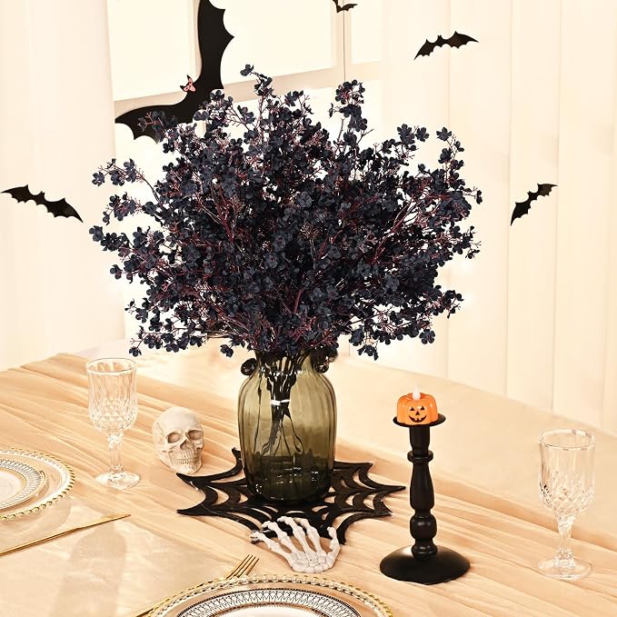 Waipfaru 15Pcs Halloween Flowers Babys Breath Silk Artificial Black Flowers Gypsophila Bouquets Bulk Real Touch Black Stems for Halloween Decorations DIY Floral Arrangement Table Centerpieces