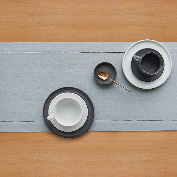 Solino Home Linen Table Runner 120 Inches Long - 100% Pure Linen Dusty Blue Table Runner 14 x 120 Inch for Summer - Classic Hemstitch