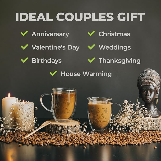 GLORAMA Double Walled Glass Coffee Mugs for Couples - Espresso Cups, Coffee Cups for Couples with Gold Line Art Inscription, Freezer & Microwave Safe (14oz)
