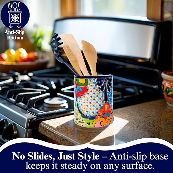 Talavera Utensil Holder - Hand Painted Ceramic Spoon Crock - Colorful Utensil Crock - Large Mexican Spoon Rest 6" H (Cobalt Blue)