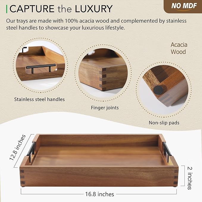 Joy&Grace Ottoman Tray for Living Room, Large Acacia Wooden Serving Tray with Handles for Coffee Table, Breakfast in Bed, Food Dinner, Decorative Tray (Color Natural, 16.7" x 12.8" x 2")