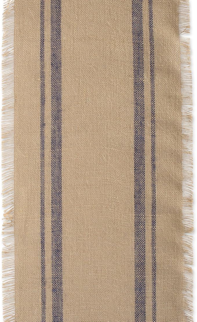 DII Jute Burlap Collection Kitchen Tabletop, Table Runner, 14x72, Double Border Blue
