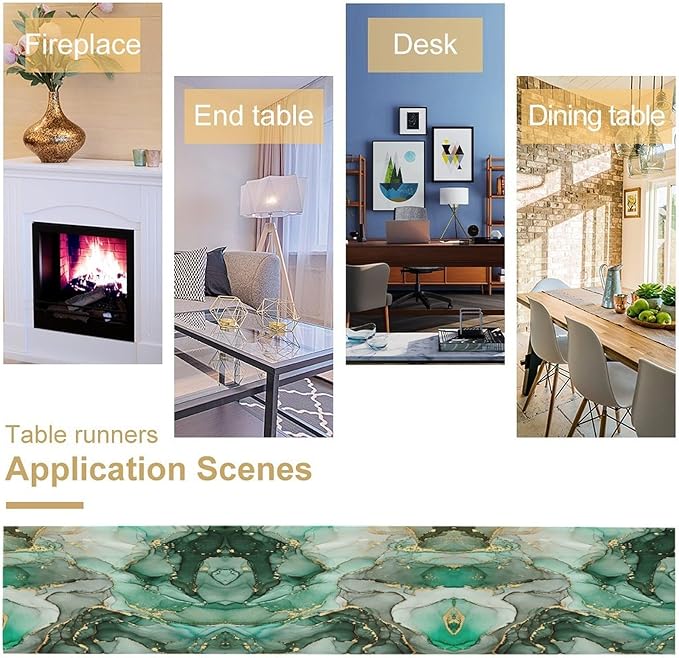 Marble Table Runner, Abstract Green and Gold Foil Modern Luxury Texture Printed Linen Table Runners for Living Room Kitchen Dining Room Party Holiday Home Decor 13" W x 108" L