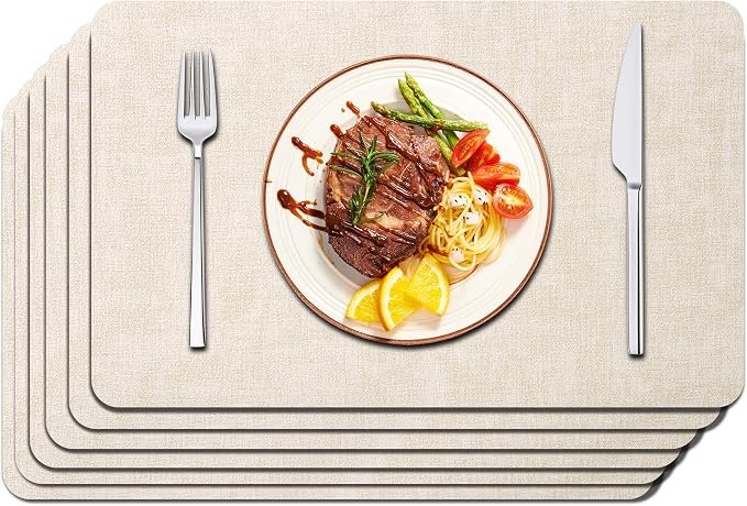 Maxpearl Faux Leather Placemats Set of 6 - Waterproof - Wipe Clean - Heat Resistant - Anti Slip Dining Table Place Mats, Suitable for Indoor & Outdoor Use, 17’’×12’’, Beige