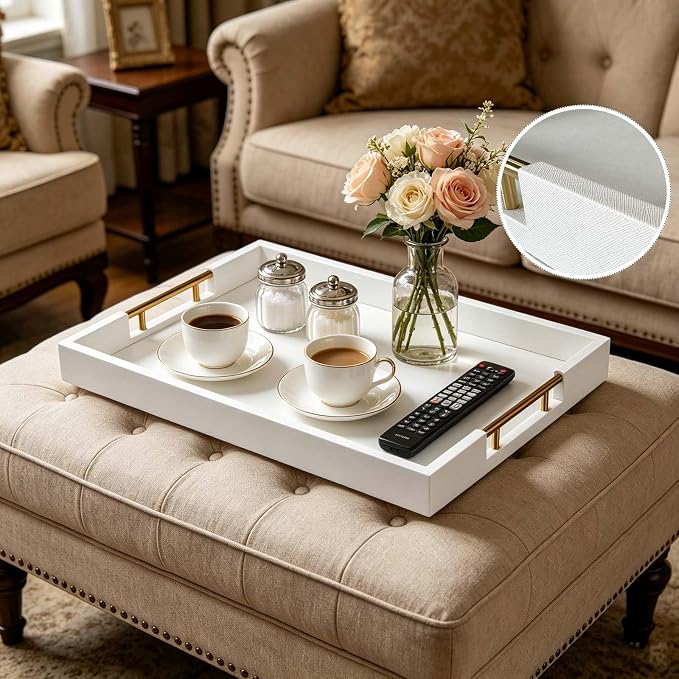 12×20 Inches White Faux Leather Coffee Serving Tray Decorative Ottoman Trays with Gold Metal Handles Decor for Living Room Rectangle Large Bed Breakfast Organizer for All Occasions Multipurpose Using
