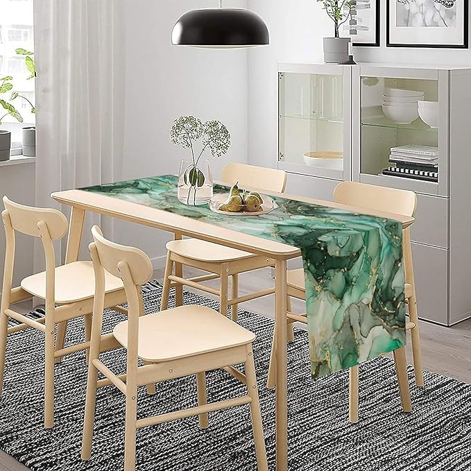 Marble Table Runner, Abstract Green and Gold Foil Modern Luxury Texture Printed Linen Table Runners for Living Room Kitchen Dining Room Party Holiday Home Decor 13" W x 108" L