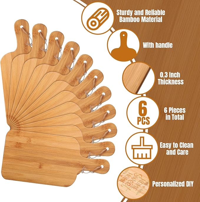 Patelai 6 Pcs 15 x 7 Inch Bamboo Cutting Board Set with Handles Laser Engraving Wooden Charcuterie Kitchen Plain Serving Chopping Board Bulk for DIY Housewarming
