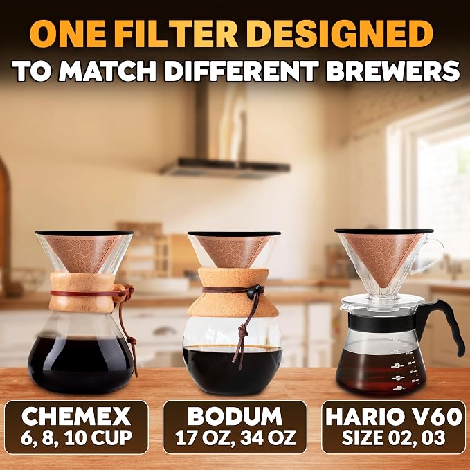 Pour Over Coffee Filter Reusable Stainless Steel - 800 Mesh Copper Cone with Black Ring for Clean, Sediment-Free Brew, Compatible with Hario V60 & Chemex, Paperless Coffee Dripper with Cleaning Brush