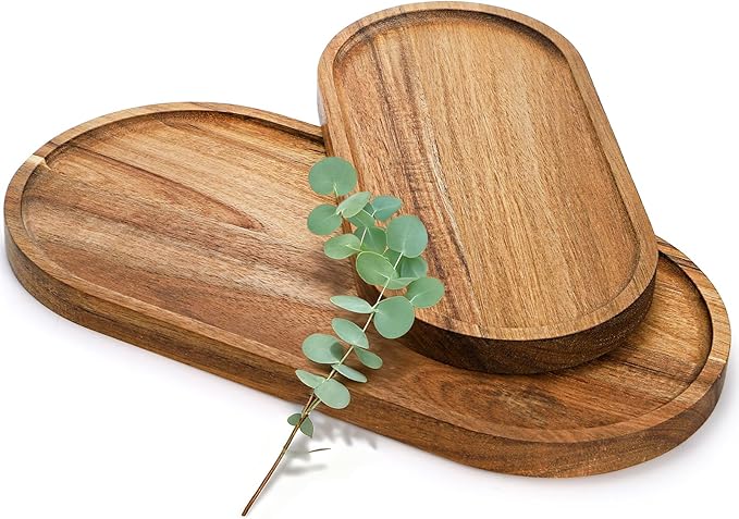Elsjoy Set of 2 Acacia Wood Serving Trays, Long Wooden Serving Platter Oval Charcuterie Board Set for Home Decor, Fruit, Cheese, 𝟏𝟒" 𝐱𝟕" 𝐚𝐧𝐝 𝟏𝟏" 𝐱𝟓.𝟓"