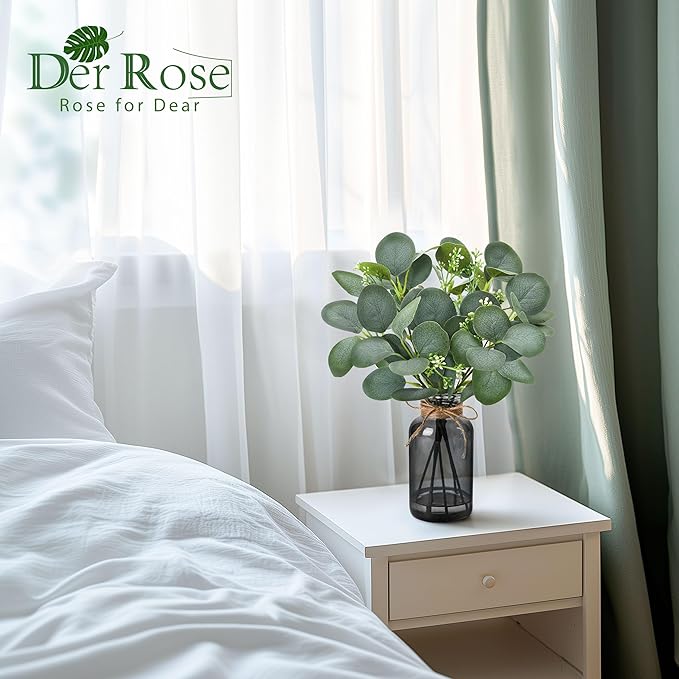 Der Rose 13.5" Fake Plants for Black Bathroom Decor Artificial Eucalyptus Stems in Black Glass Vase with Faux Water for Office Desk Accessories Farmhouse Home Table Centerpiece Decor（Sage Green）
