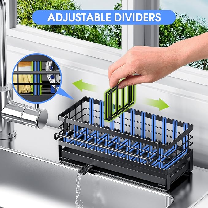 Kitchen Sink Sponge Holder, Rustproof Non-Slip Self-Draining Metal Sink Caddy with Detachable Dish Cloth Holder (Black)