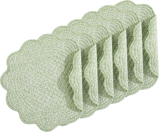 HOMBYS Quilted Placemats Set of 6 Washable Round Placemats for Kitchen Table-100% Cotton Fabric 14 Inch Round Table Mats, Cotton Fabric with Microfiber Filling, (14"x14", White & Green Flower)