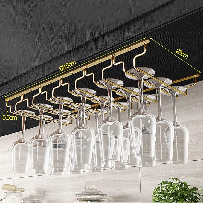 Gold Wine Glass Rack Hanging Metal 304 Stainless Steel Under Cabinet Shelf Stemware Racks Wine Champagne Goblets Holder for Kitchen Bar Pub (Size : 68.5x28x5.5cm)