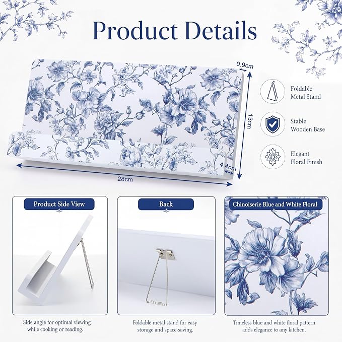 Hushee Chinoiserie Floral Recipe Book Holder Wood Blue and White Kitchen Decor Blue and White Cookbook Stand for Kitchen Countertop Recipe Book Holder for Cooking Lover Housewarming Gift, 18.7x8.7inch