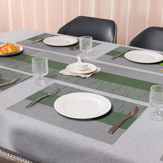 Placemats Set of 8, Vinyl Woven Place Mats Indoor Set of 8 Washable Wipeable PVC Table Mats Heat-Resistant Non Slip Placemat for Kitchen Dining Outdoor Table (Gray Sage Green, Set of 8)
