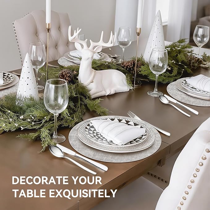 13" Round Placemats Set of 4, Reversible Faux Leather Heat Resistant Table Mats, Waterproof Oilproof Wipeable Table Protective Placemats for Vinyl, Washable for Indoor & Outdoor Use (4, Light Grey)