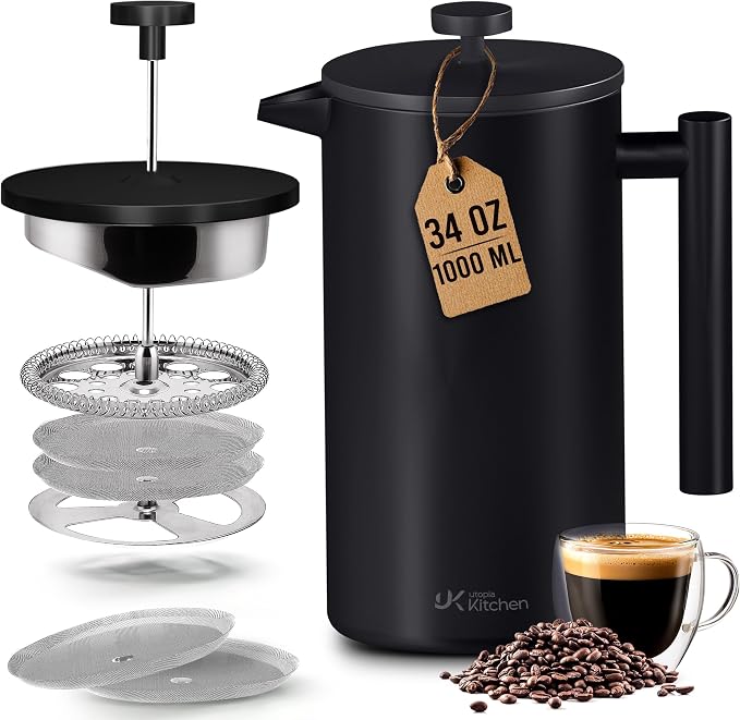 Utopia Kitchen 304 Grade Stainless Steel French Press 34 Oz, Black | Double Wall Insulated Coffee Press with 4-Level Filtration System, Include 2 Extra Filters, Rust-Free, Dishwasher Safe