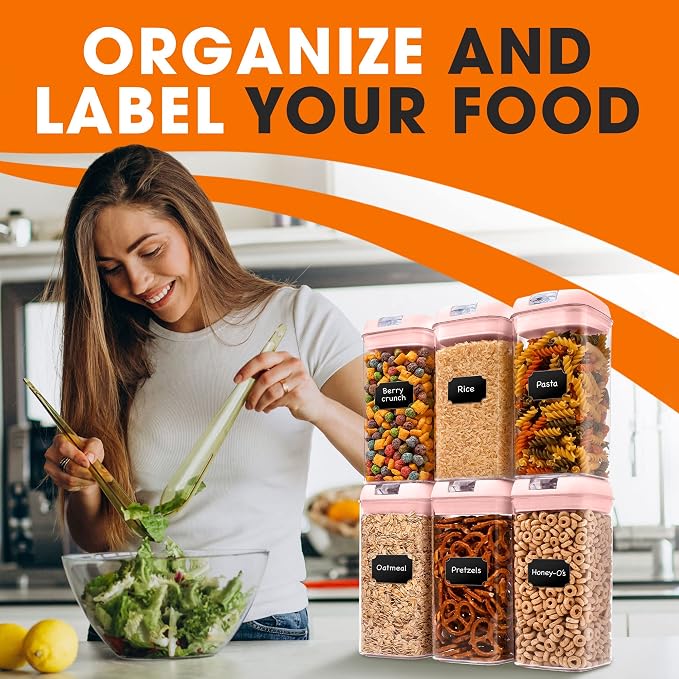 Set of 6 Airtight Food Storage Containers - Pantry Organizer Bins, BPA Free Plastic Containers plus Dry Erase Marker and Labels, Pink