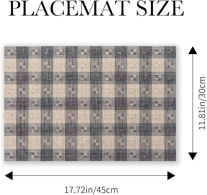 BACKTOEDEN Placemats Set of 6 Heat Resistant Washable Wipeable Placemat Woven Non-Slip Foldable Vinyl/Plastic Place Mats Indoor/Outdoor Mat Kitchen Dining Table Pad, Black Checkered