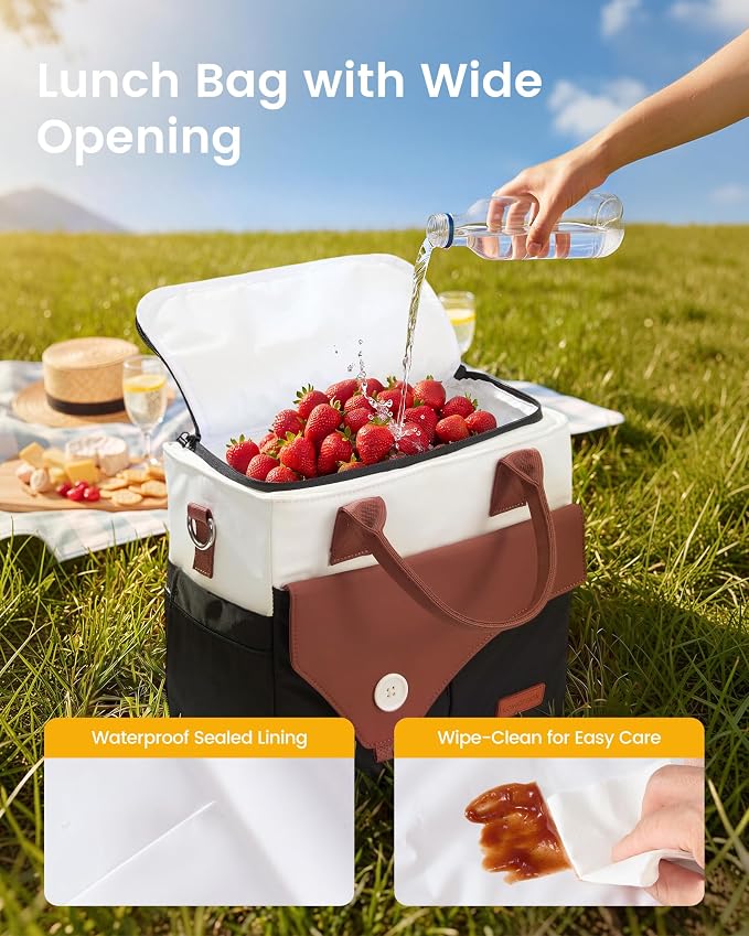 LOVEVOOK Large Insulated Lunch Bag for Women, Wide Opening Leakproof Cooler Tote with Large Cup Holder and Shoulder Strap, Cute Adult Lunch Box for Picnic Hiking Beach