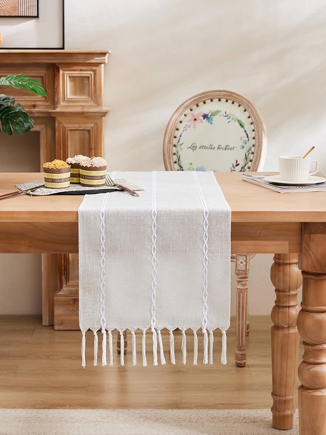 Braided Farmhouse Table Runner, Braided Light Grey 13x48 Inch, Cotton Linen Table Runners 48 Inches Long, Embroidered Striped Light Grey Boho Table Runner Rustic Home Decor